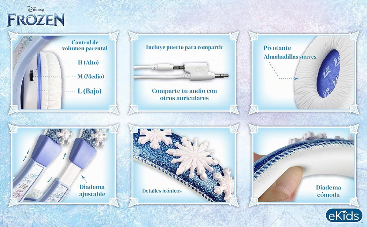 Frozen 2 - Auriculares para niños, diadema ajustable, sonido estéreo, conector de 0.138 in, auriculares con cable para niños, sin enredos, control de volumen, plegables, auriculares para niños sobre