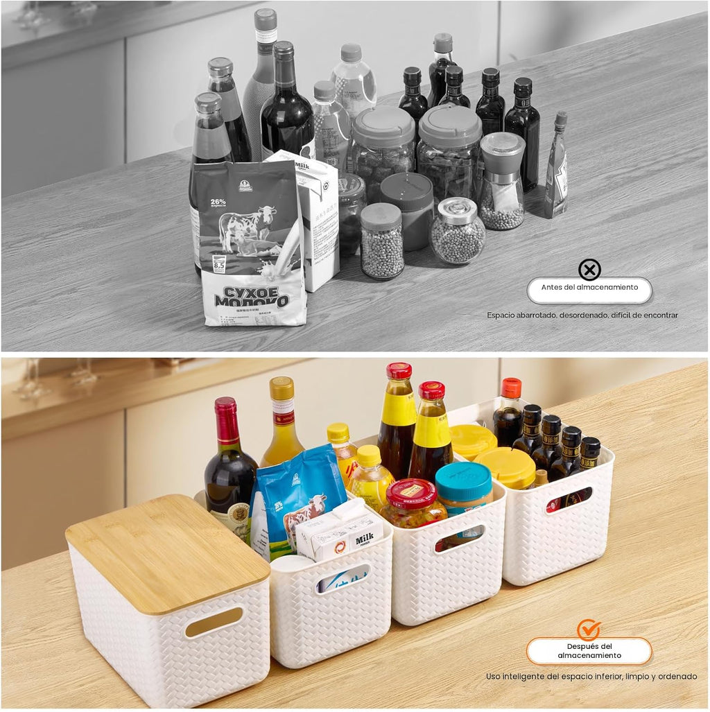 Ohmlove Paquete de 4 contenedores de almacenamiento con tapas de bambú, contenedores de almacenamiento de plástico con tapas, caja de almacenamiento apilable: cestas de almacenamiento para organizar