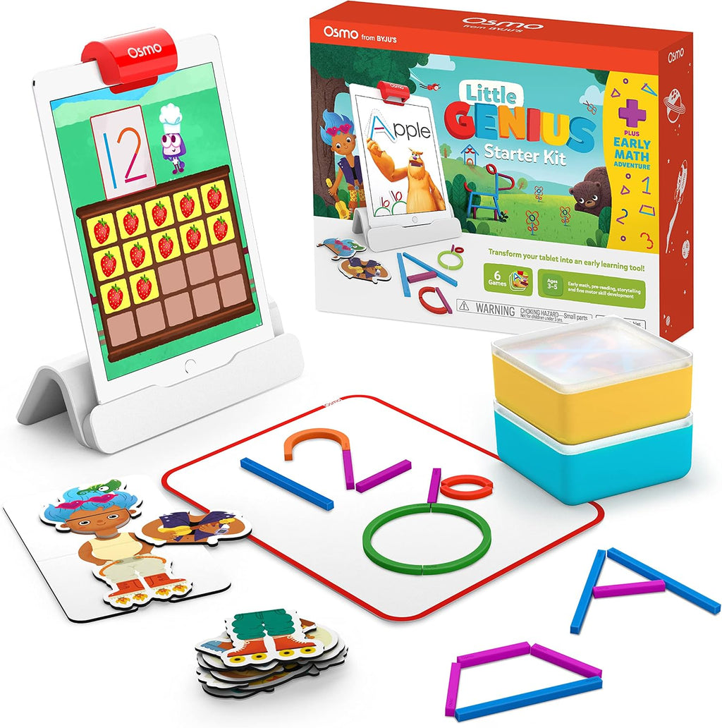 Little Genius - Kit de iniciación para iPad + Aventura matemática temprana, 6 juegos educativos (última versión) contar, formas y fonía, regalos STEM, edades de 3 a 5 años (base incluida)