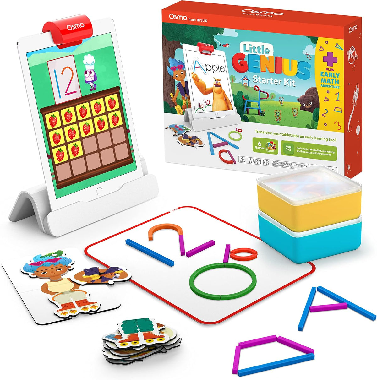 Little Genius - Kit de iniciación para iPad + Aventura matemática temprana, 6 juegos educativos (última versión) contar, formas y fonía, regalos STEM, edades de 3 a 5 años (base incluida)