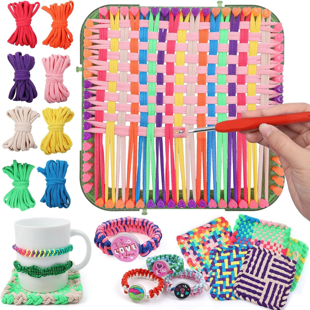 FUNiOi Kit de telar de tejer juguetes para niños, proyectos de manualidades de bricolaje de 6 agarraderas y 10 pulseras de la amistad, kits de tejido de telar cuadrado armable 2 en 1, ideas de regalo