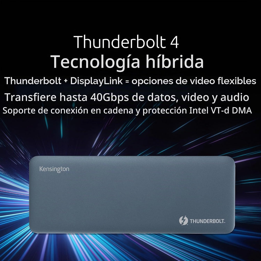 Kensington SD5900T - Estación de acoplamiento DisplayLink Thunderbolt 4, Quad 4K para MacBook Pro/Air M1/M2/M3/M4 con chipsets Pro y Max, 100 W PD, HDMI/DP/TB4, ranuras para tarjetas SD/Micro SD, azul