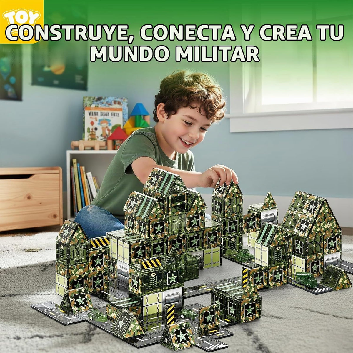TOY Life - Juego de 58 piezas de azulejos magnéticos militares STEM para niños de 3 a 8 años