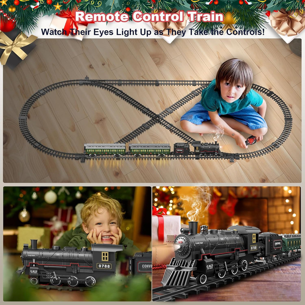 Juego de tren eléctrico con control remoto para niños, aleación de metal, juguetes de tren de Navidad, locomotora de vapor, carruajes de pasajeros, pistas de lujo, luces y sonidos, recargable, regalos de cumpleaños para niños y niñas, color verde