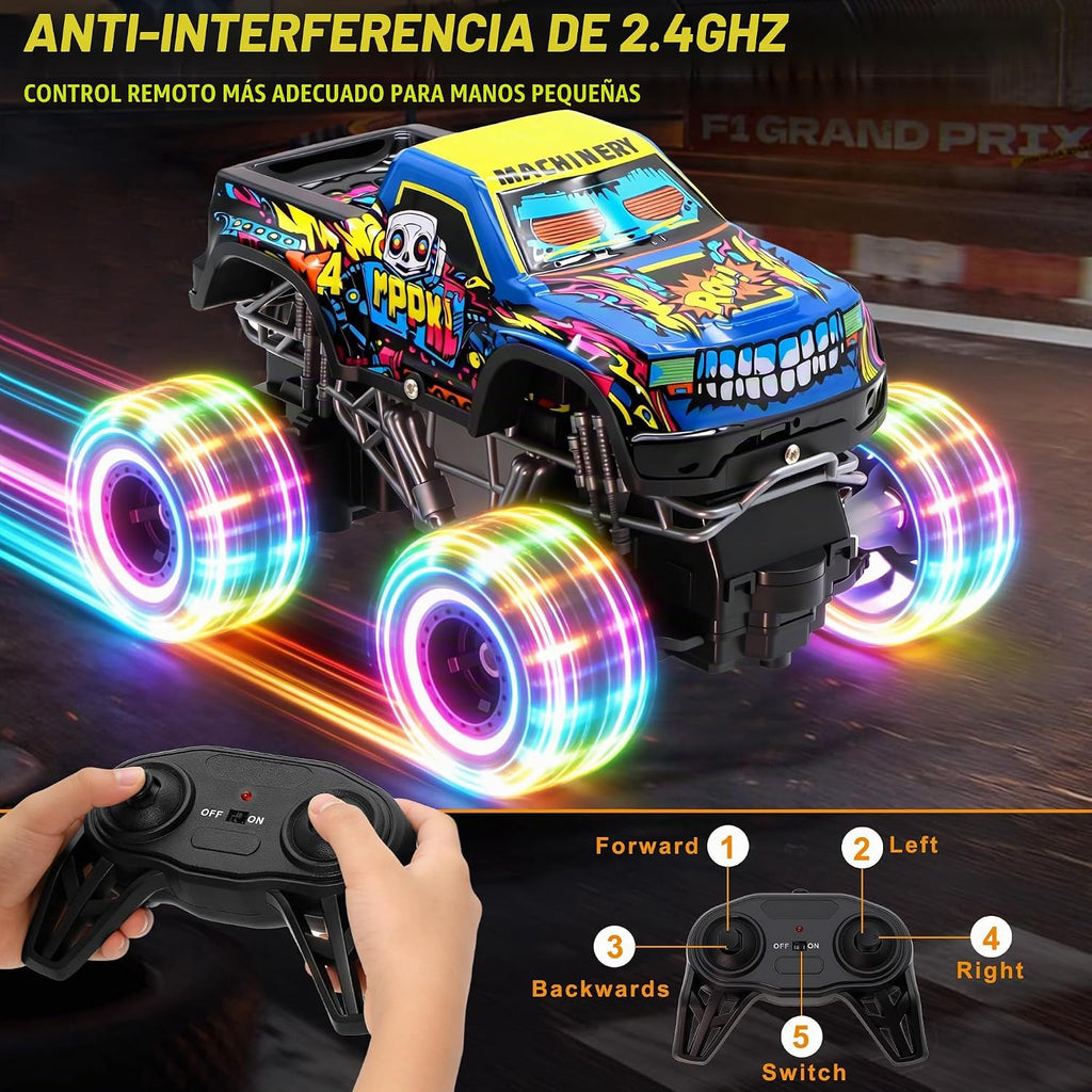 Camión monstruo de juguete a control remoto para niños, escala 1:20, 2.4 GHz, auto RC con luces, camión RC recargable todo terreno con 2 baterías recargables, regalo de juguete, cumpleaños, Navidad