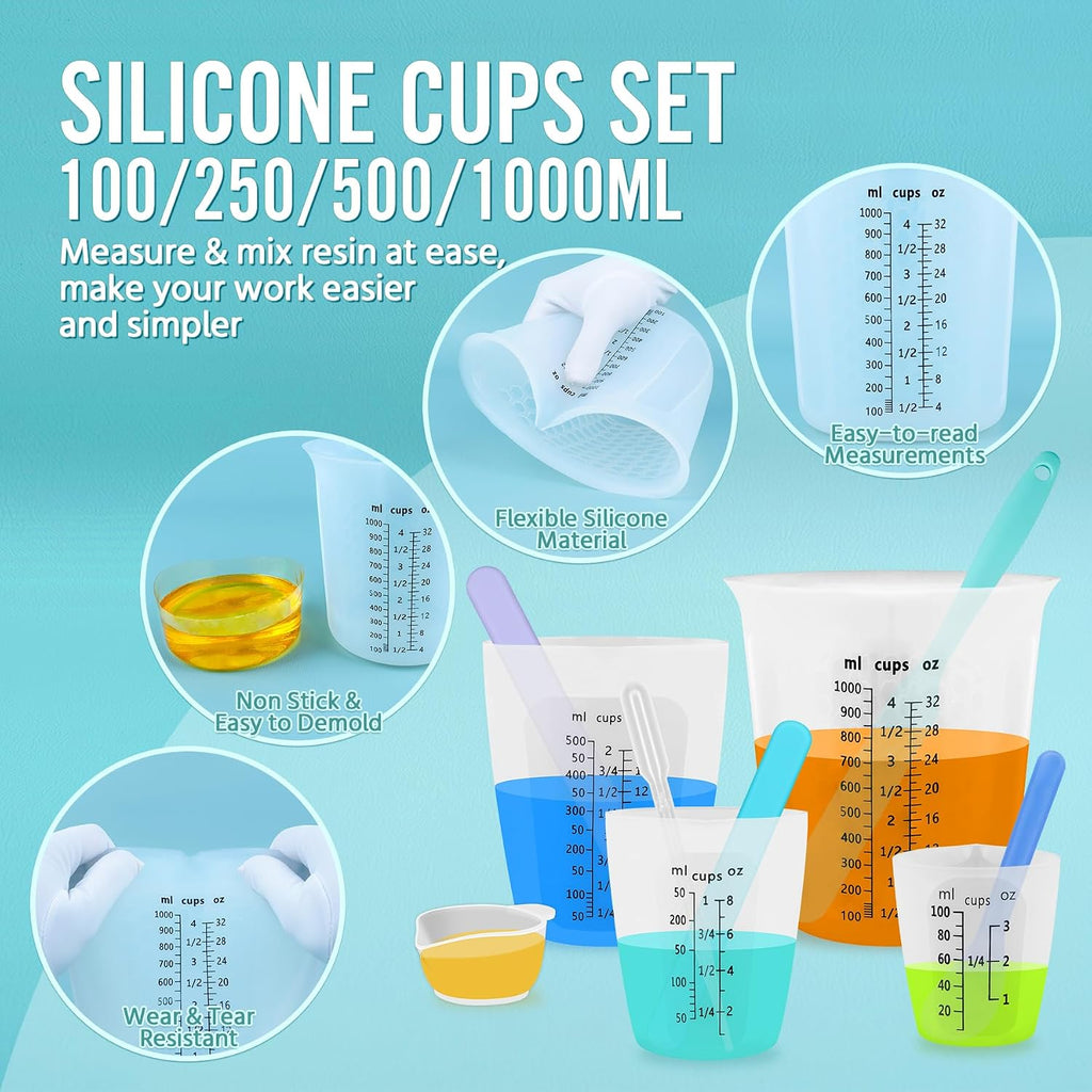 Juego de tazas medidoras de resina de silicona de 1 litro para suministros de resina, marcas fáciles de leer, taza grande de 32 onzas, tazas de silicona reutilizables gruesas de 500, 250 y 3.4 fl oz para mezcla de epoxi, fabricación de joyas