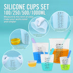 Juego de tazas medidoras de resina de silicona de 1 litro para suministros de resina, marcas fáciles de leer, taza grande de 32 onzas, tazas de silicona reutilizables gruesas de 500, 250 y 3.4 fl oz para mezcla de epoxi, fabricación de joyas