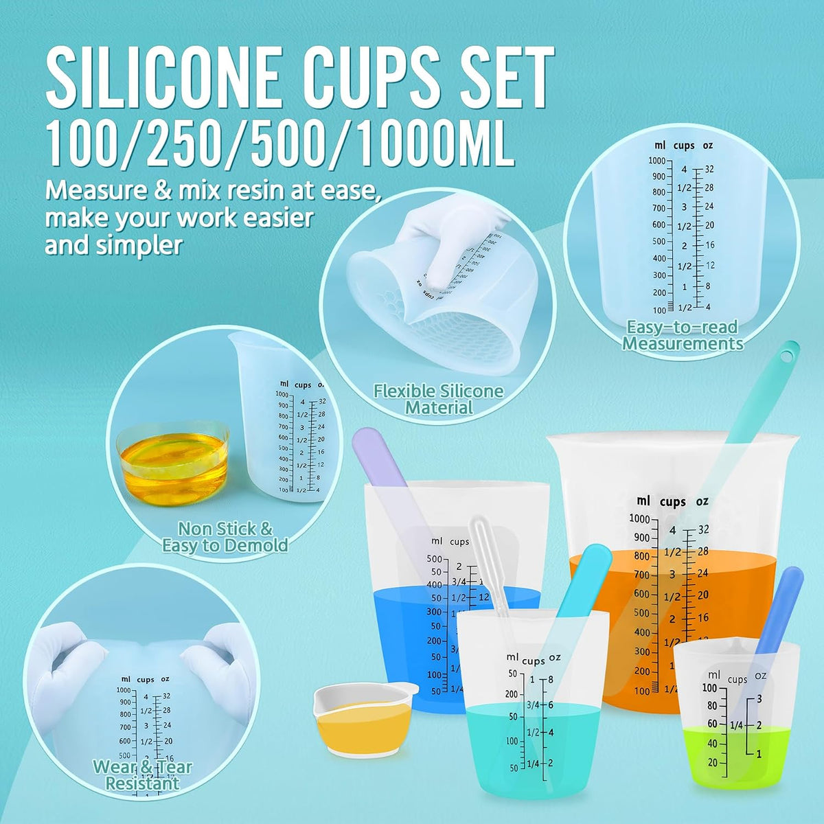 Juego de tazas medidoras de resina de silicona de 1 litro para suministros de resina, marcas fáciles de leer, taza grande de 32 onzas, tazas de silicona reutilizables gruesas de 500, 250 y 3.4 fl oz para mezcla de epoxi, fabricación de joyas