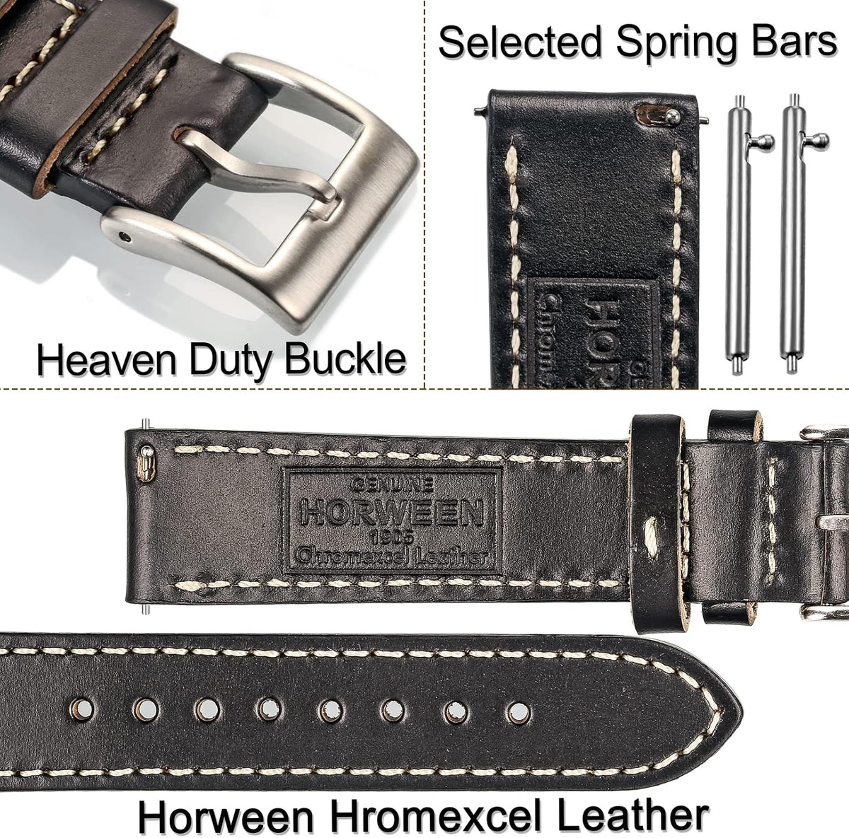 hemsut h Horween - Correas de reloj de cuero, correas de repuesto de cuero de liberación rápida para hombres o mujeres, relojes inteligentes o tradicionales, 0.709 in, 0.787 in, 0.866 in