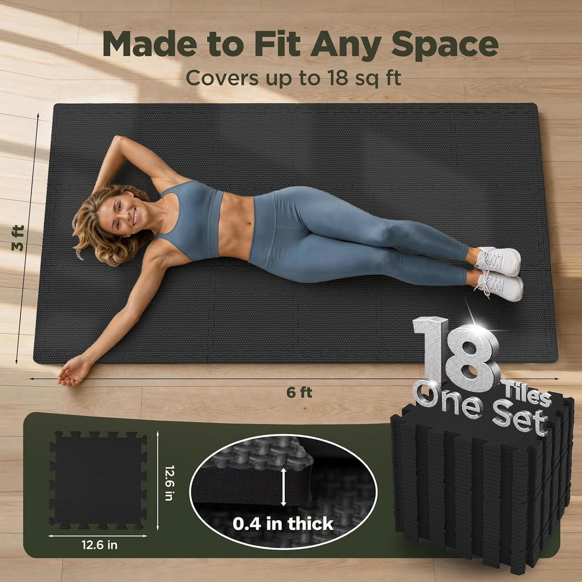 AIRHOP 18 Azulejos Tapete de Piso de Gimnasio, Tapete de Gimnasio de Rompecabezas de Espuma EVA, Azulejos de Piso de Espuma Entrelazados de Alta Densidad para Gimnasio en Casa, Juego, Entrenamiento