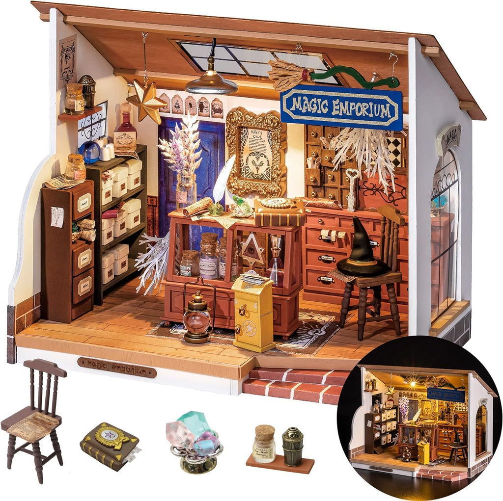 Rolife Kit de Casa en Miniatura DIY Casa Mágica, Kit de Casa Pequeña para Adultos para Construir, Kit de Fabricación de Mini Casa con Muebles, Halloween para Familia y Amigos (Kiki's Magic Emporium)