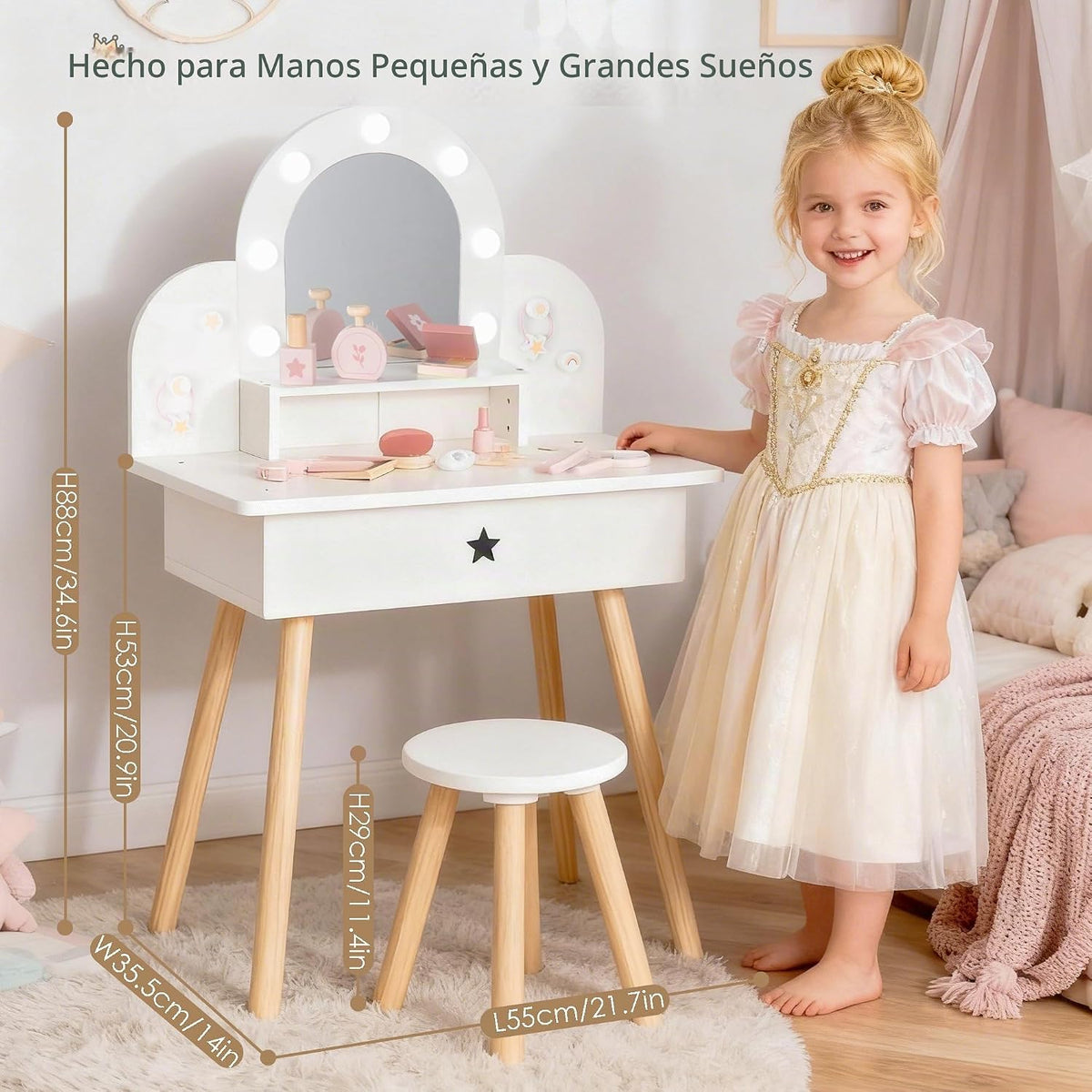 Juego de tocador infantil para niñas pequeñas con botón táctil de 3 colores iluminado espejo