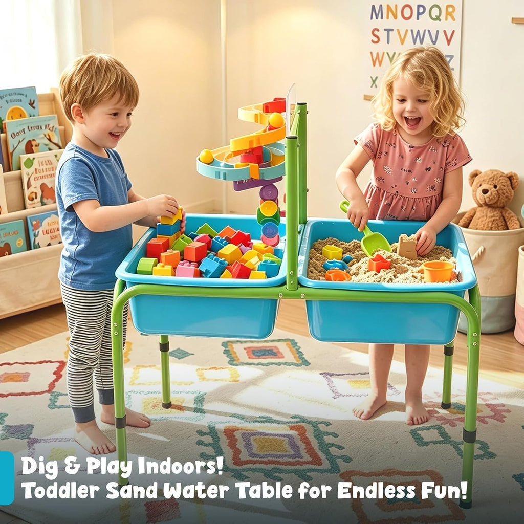 FUNLIO Mesa de agua de arena para niños pequeños, mesa sensorial 4 en 1 de altura ajustable para edades de 3 a 6 años, 2 contenedores de almacenamiento, panel acrílico y 16 accesorios, uso en