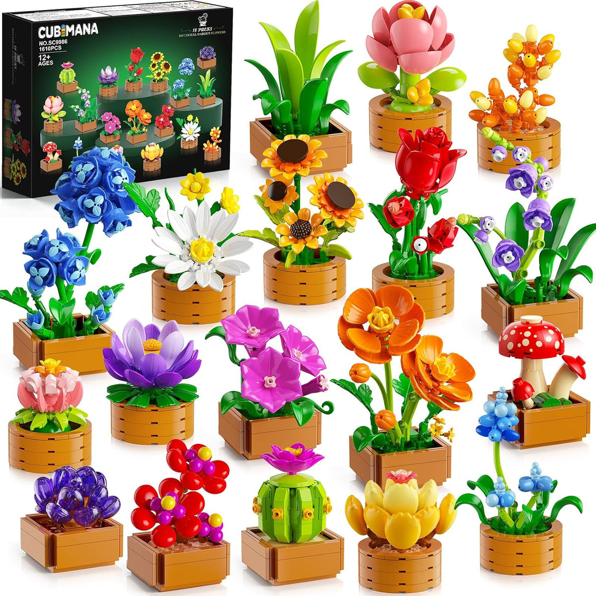 CUBIMANA Paquete de 18 mini construcción botánica de flores para adultos y