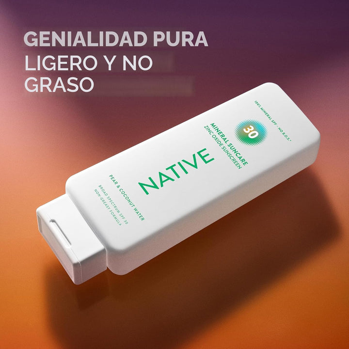 Native Loción de protección solar de pera y agua de coco SPF 30, 10...