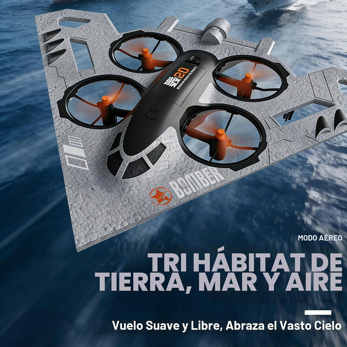 Drone RC 3 en 1 para Land Sea Air, avión de control remoto H20 con luces frías, giro de 360°, 3 modos de conducción y protección contra colisiones, juguete de espuma RC Drone regalo para niño y niña, plateado