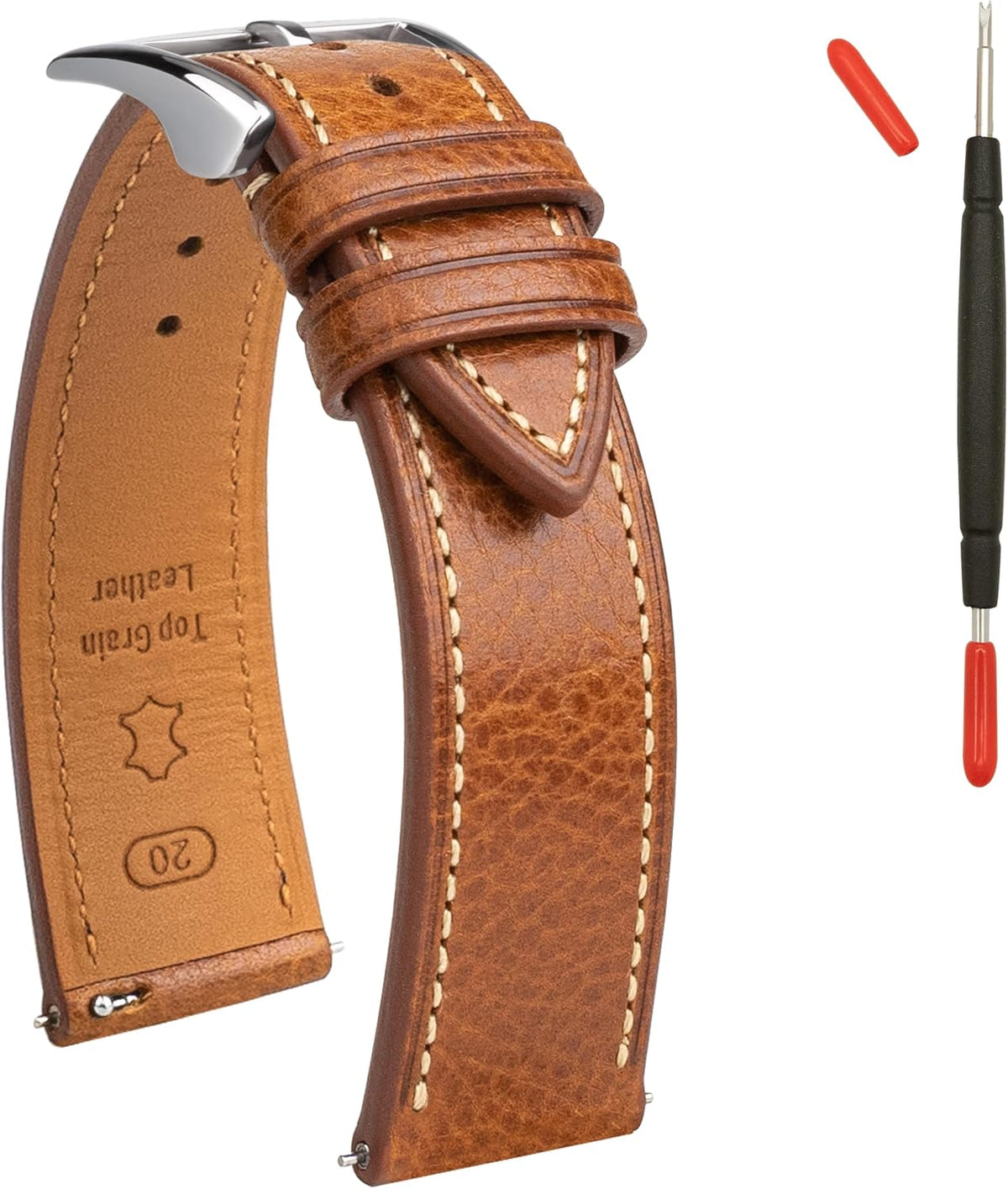 Correas de reloj de cuero italiano Toscana de cuero genuino de grano completo curtido vegetal, correas de reloj de repuesto de correa de reloj de liberación rápida para hombres y mujeres 0.709