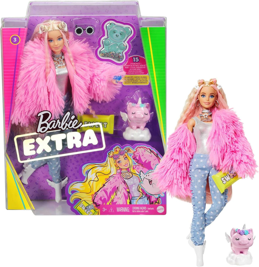 Barbie Muñeca extra y accesorios con pelo rizado rubio con rayas ro...