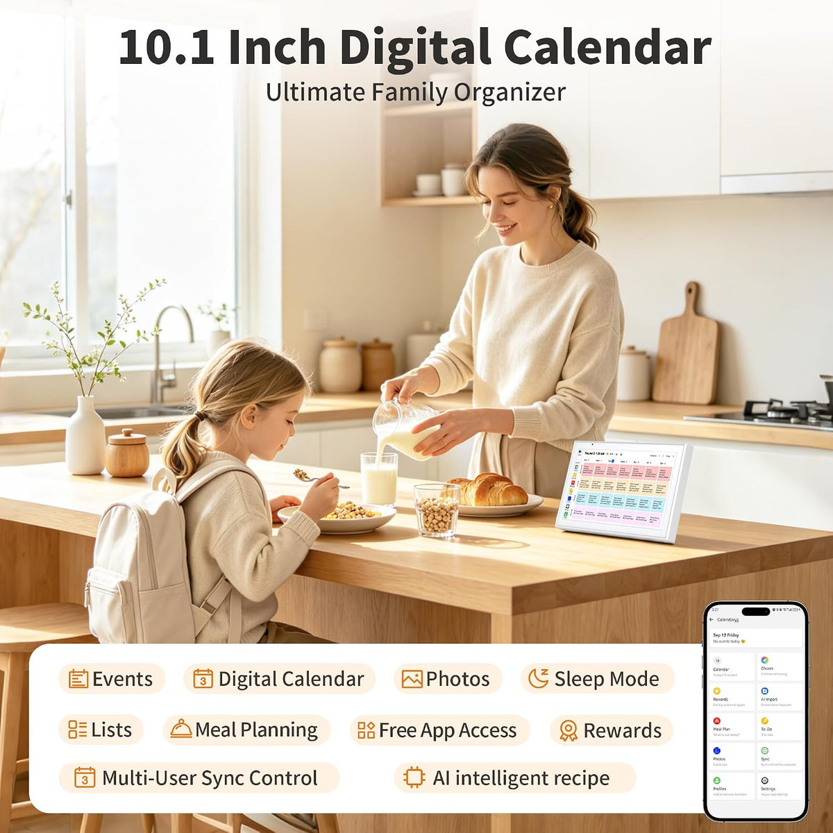 Calendario digital inteligente de 10.1 pulgadas, calendario familiar electrónico con pantalla táctil, tabla de tareas compartidas, planificador de comidas, lista de tareas y tabla de programación