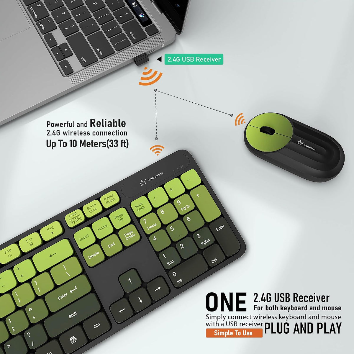 Whalices 52 Combo de teclado y mouse inalámbricos, 2.4 G, recargabl...
