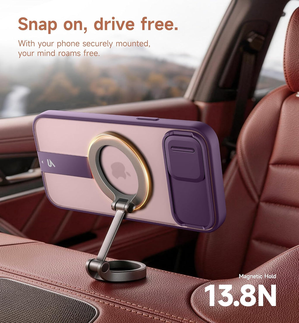 SURITCH Funda para iPhone 15, compatible con MagSafe, soporte integrado y cubierta de cámara y parte trasera translúcida, funda protectora resistente a prueba de golpes de 6.1 pulgadas, morado
