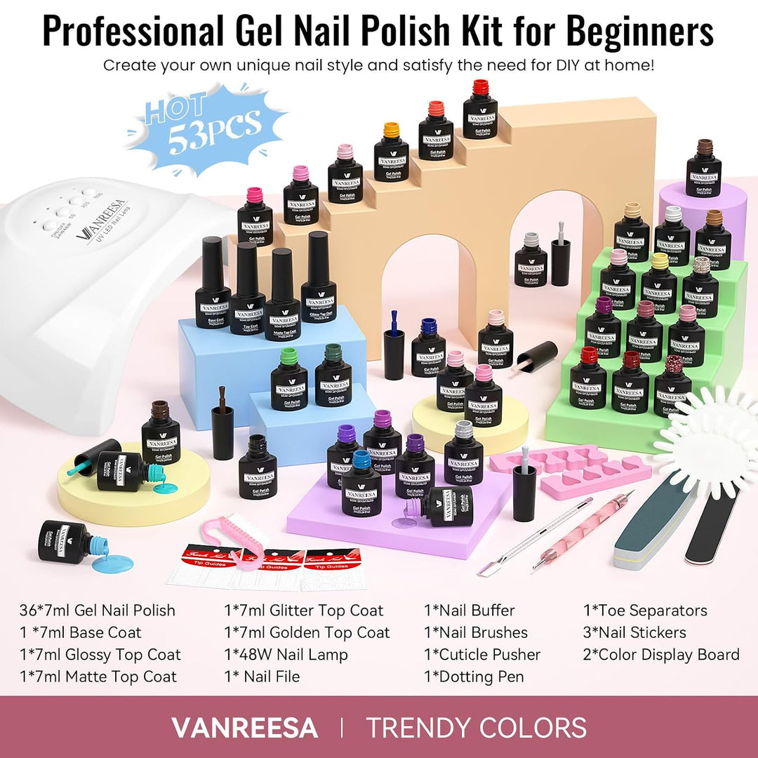 VANREESA Kit de esmalte de uñas de gel con luz UV, 53 piezas, juego...
