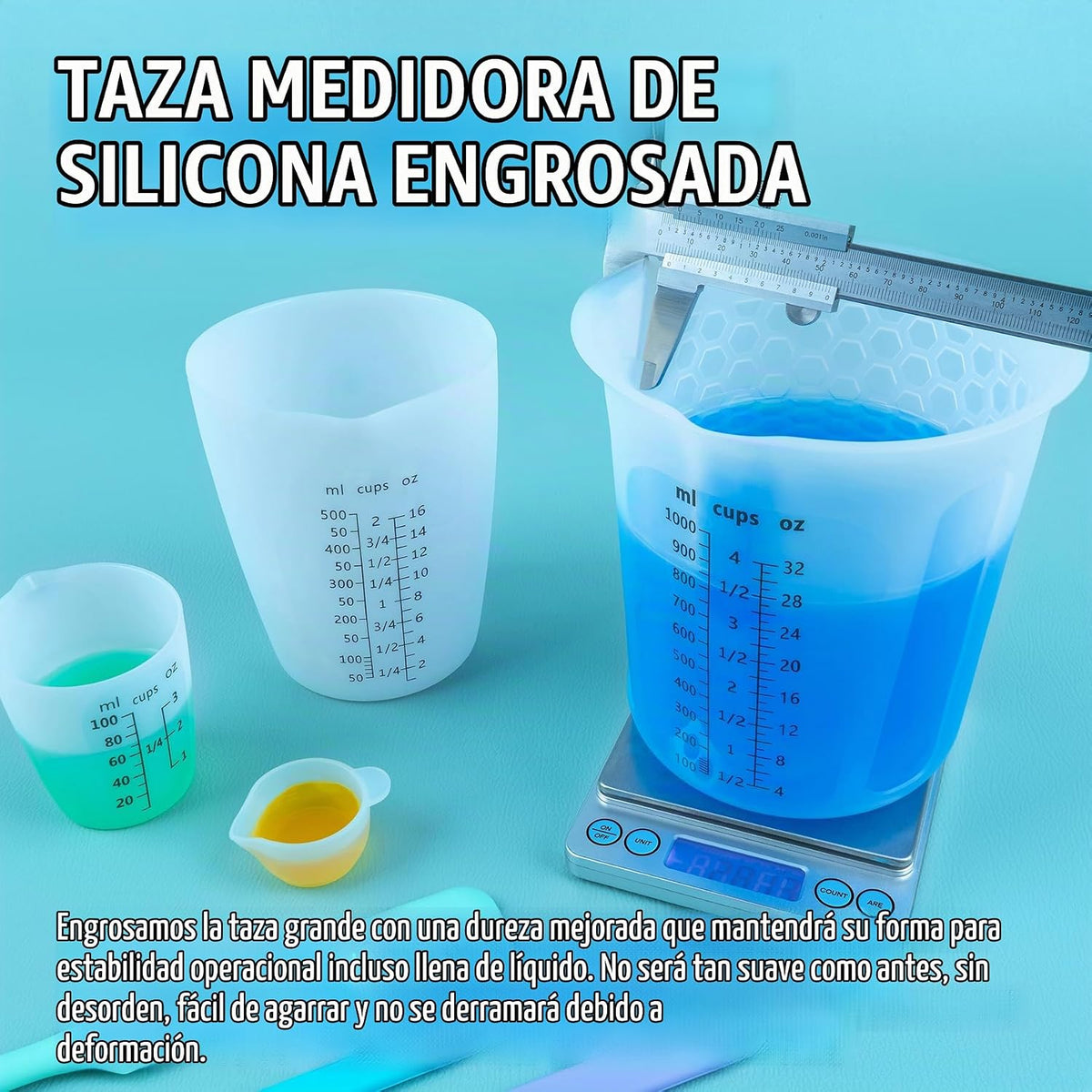 Juego de tazas medidoras de resina de silicona de 1 litro para suministros de resina, marcas fáciles de leer, taza grande de 32 onzas, tazas de silicona reutilizables gruesas de 500, 250 y 3.4 fl oz para mezcla de epoxi, fabricación de joyas