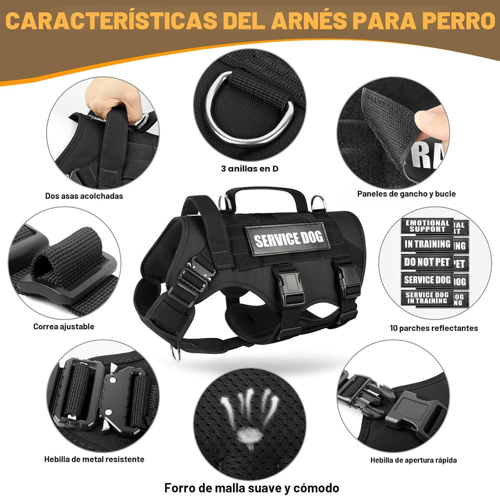 Arnés de chaleco de servicio para perros grandes, chaleco táctico MOLLE de trabajo con 10 parches para mascotas, arnés resistente sin tirones para entrenar y caminar