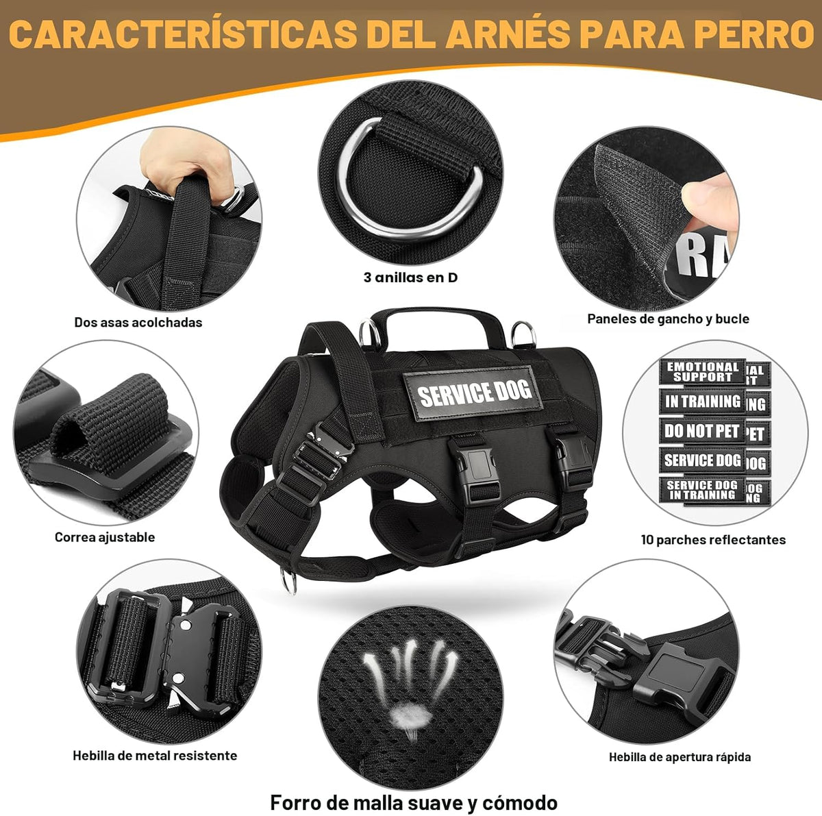 Arnés de chaleco de servicio para perros grandes, chaleco táctico MOLLE de trabajo con 10 parches para mascotas, arnés resistente sin tirones para entrenar y caminar