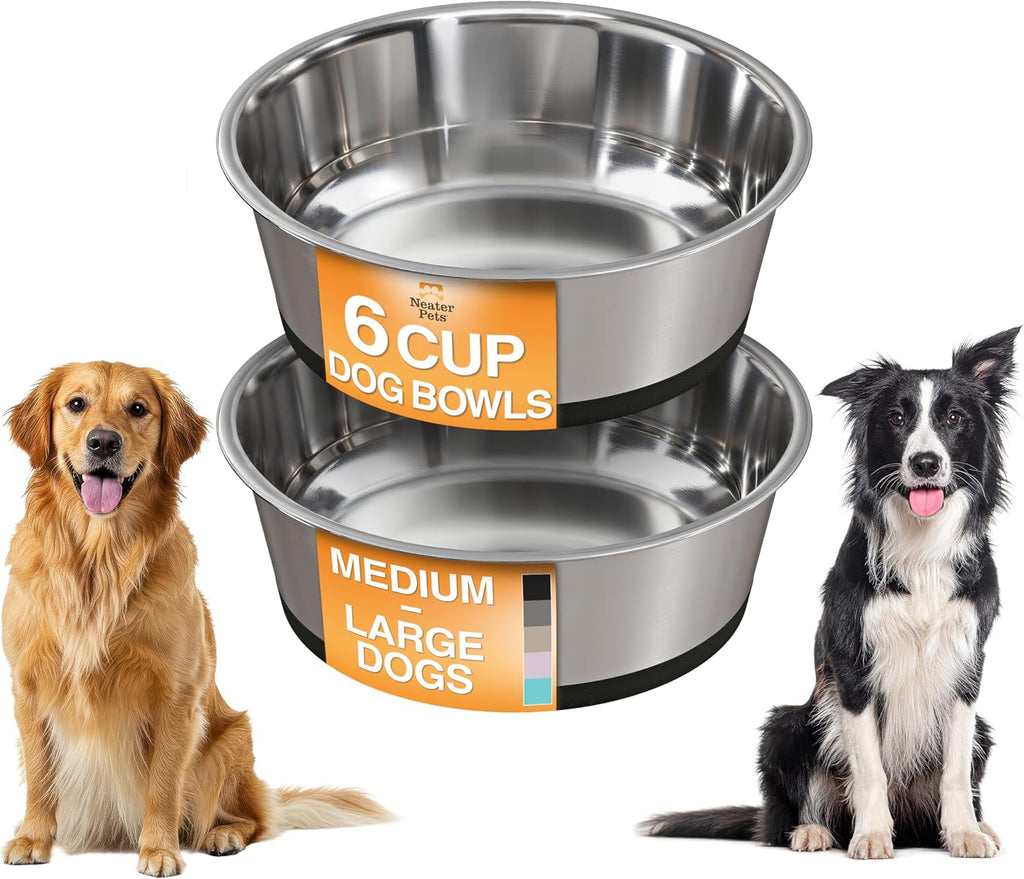 Neater Pet Brands Tazones de acero inoxidable para perros con parte inferior de goma antideslizante, juego de 2, 6 tazas (48 onzas), color negro, cuencos de metal resistente para perros, aptos para lavavajillas, tazón de comida o agua, ideal para perros