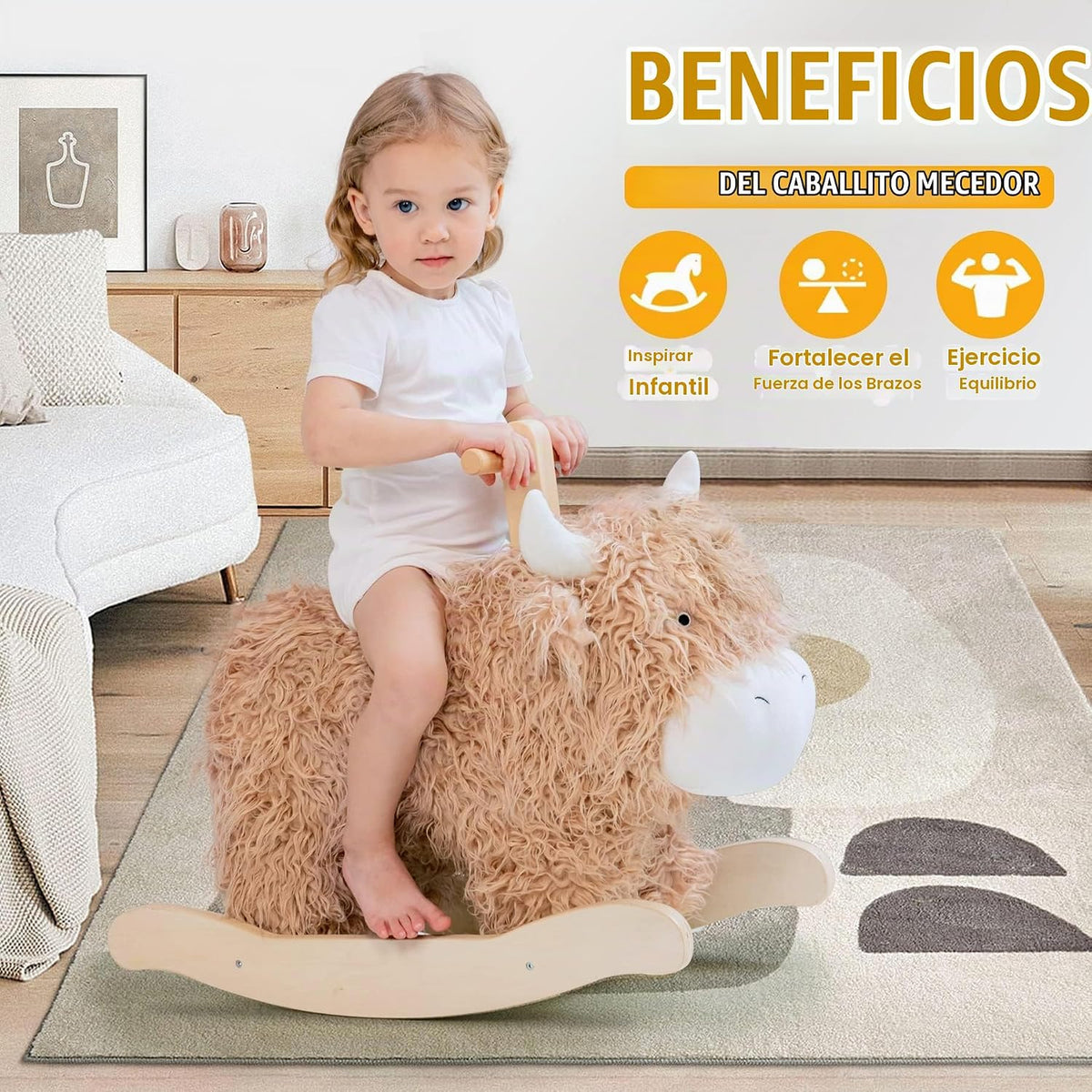 Caballo mecedor para bebé de 1 año de edad, juguete mecedor de madera de vaca de juguete de peluche de madera para cuarto de niños, sala de juegos, asiento de equilibrio de madera con asas, fiesta de cumpleaños, regalo de ducha
