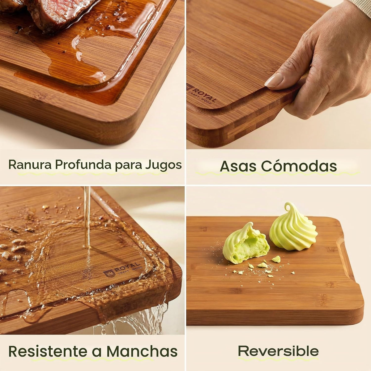 ROYAL CRAFT WOOD Tablas de cortar de madera para preparar comidas de cocina y servir – Juego de tablas de cortar de bambú no tóxicas con asas laterales profundas para jugo – Charcutería y bloque de