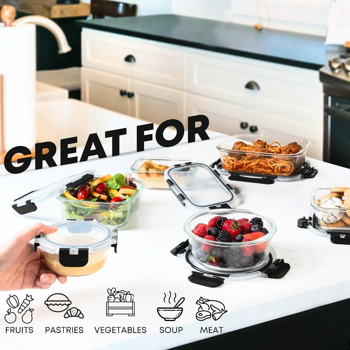 Razab 30 unidades de recipientes de vidrio para almacenamiento de alimentos con tapas - Recipientes reutilizables de vidrio para preparación de comidas para almuerzo y sobras - Tapas herméticas y a