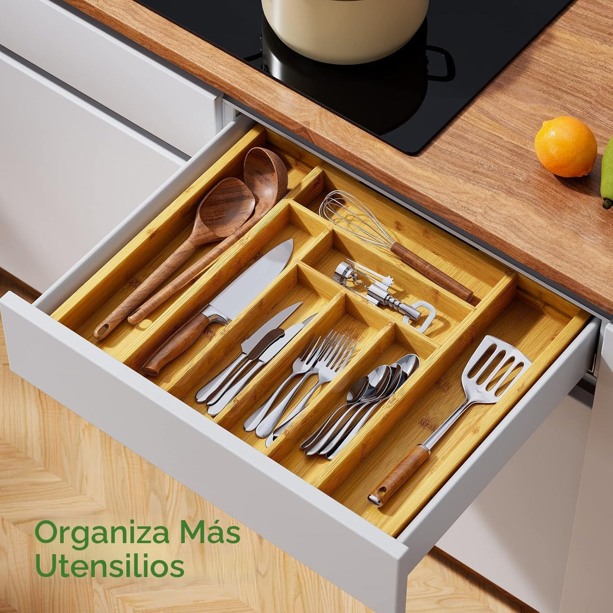 Pipishell Organizador de cajones extensible de bambú para soporte de utensilios, bandeja de cubiertos ajustable, organizador de separadores de cajones de madera para cubiertos, cubiertos, cuchillos en cocina, dormitorio, sala de estar