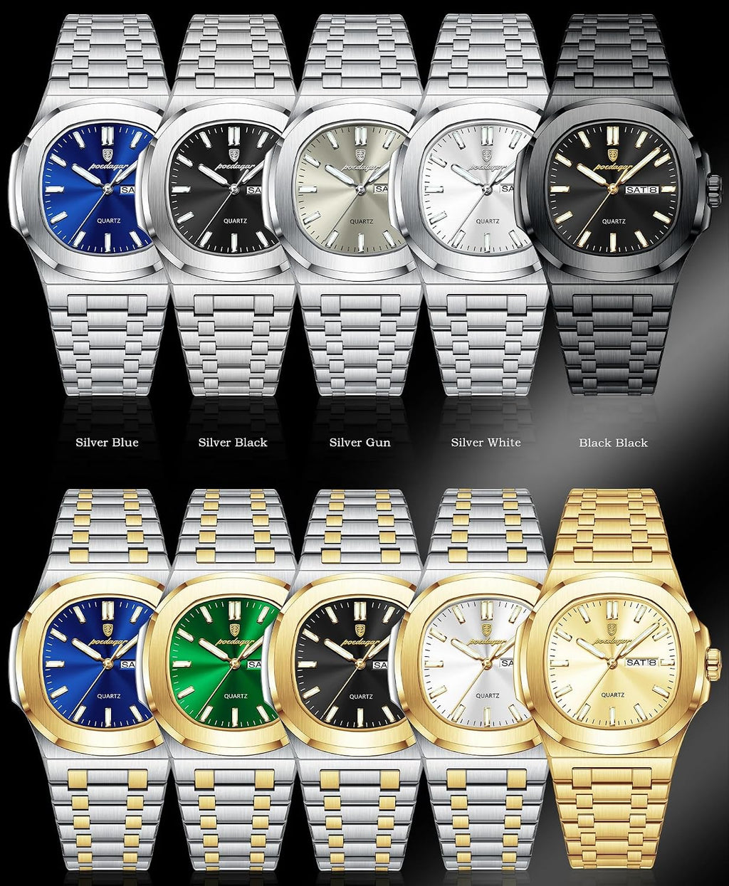 Poedagar Relojes de cuarzo para hombre, de moda, cuadrado, clásico, impermeable, luminoso, fecha, semana, acero inoxidable, reloj de pulsera para hombre