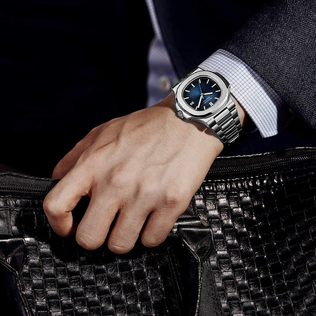 ROCOSJEWE Reloj de vestir azul de lujo clásico reloj mecánico automático de los hombres reloj de pulsera resistente al agua fecha visualización luminosa dial pulsera de acero inoxidable regalo para
