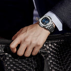 ROCOSJEWE Reloj de vestir azul de lujo clásico reloj mecánico automático de los hombres reloj de pulsera resistente al agua fecha visualización luminosa dial pulsera de acero inoxidable regalo para