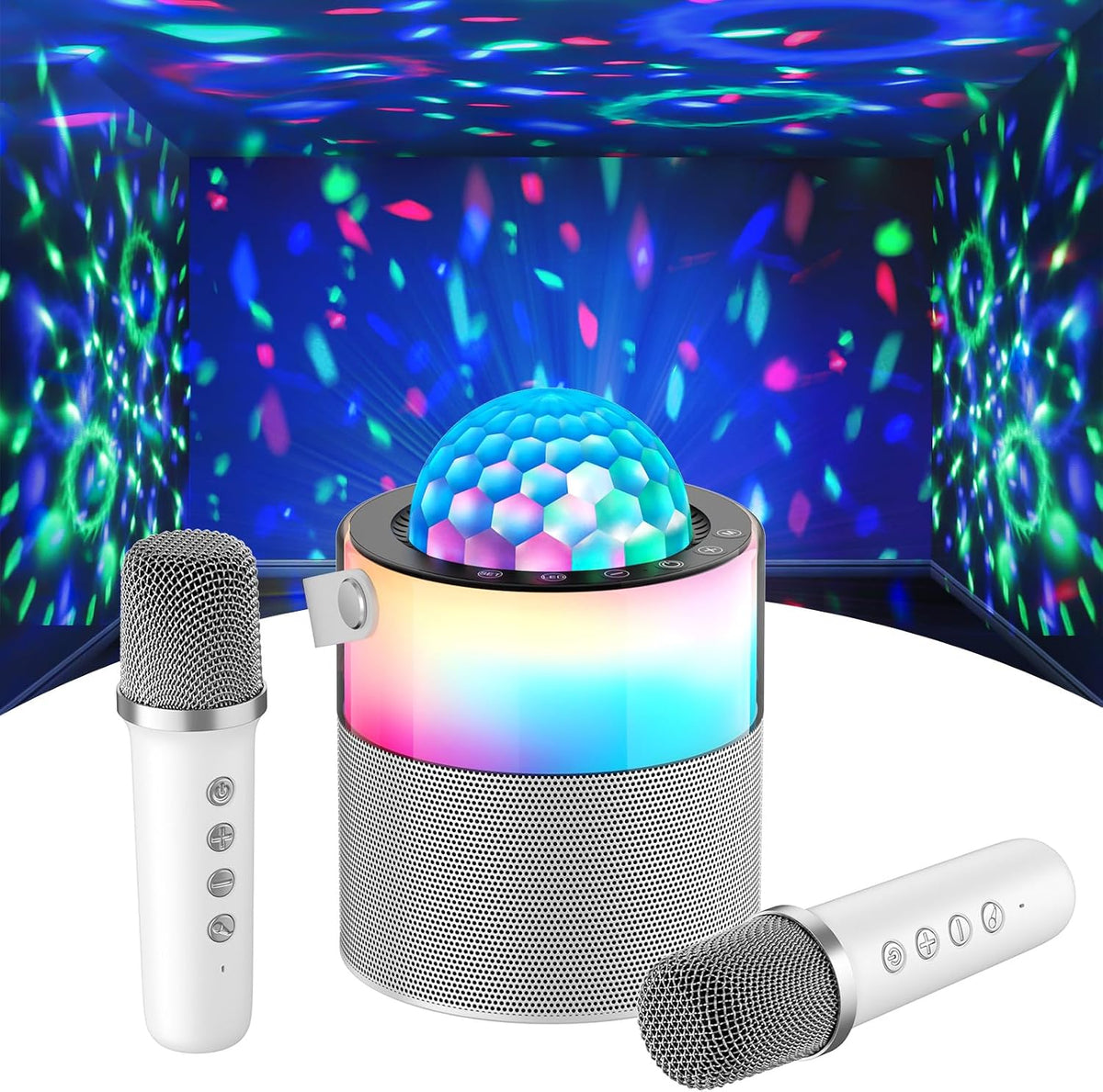 Máquina de karaoke con luces LED de discoteca, mini altavoz Bluetooth portátil con 2 micrófonos inalámbricos para niños y adultos, regalos de cumpleaños para niñas, niños, fiestas familiares, viajes (blanco)