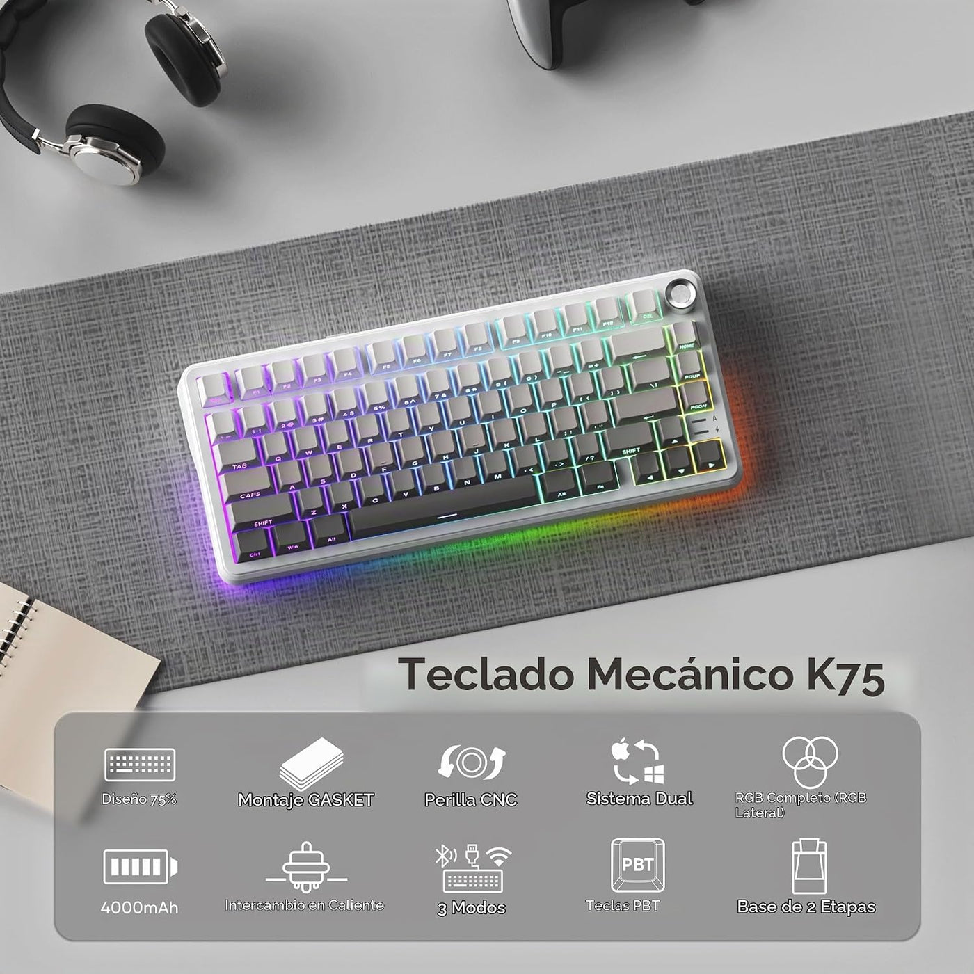 RedThunder Teclado mecánico inalámbrico K75, perilla CNC, Tri-Mode...