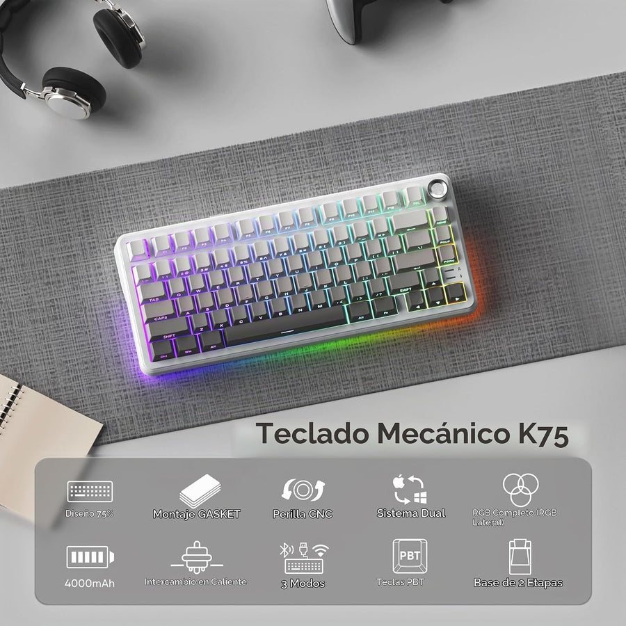 RedThunder Teclado mecánico inalámbrico K75, perilla CNC, Tri-Mode...