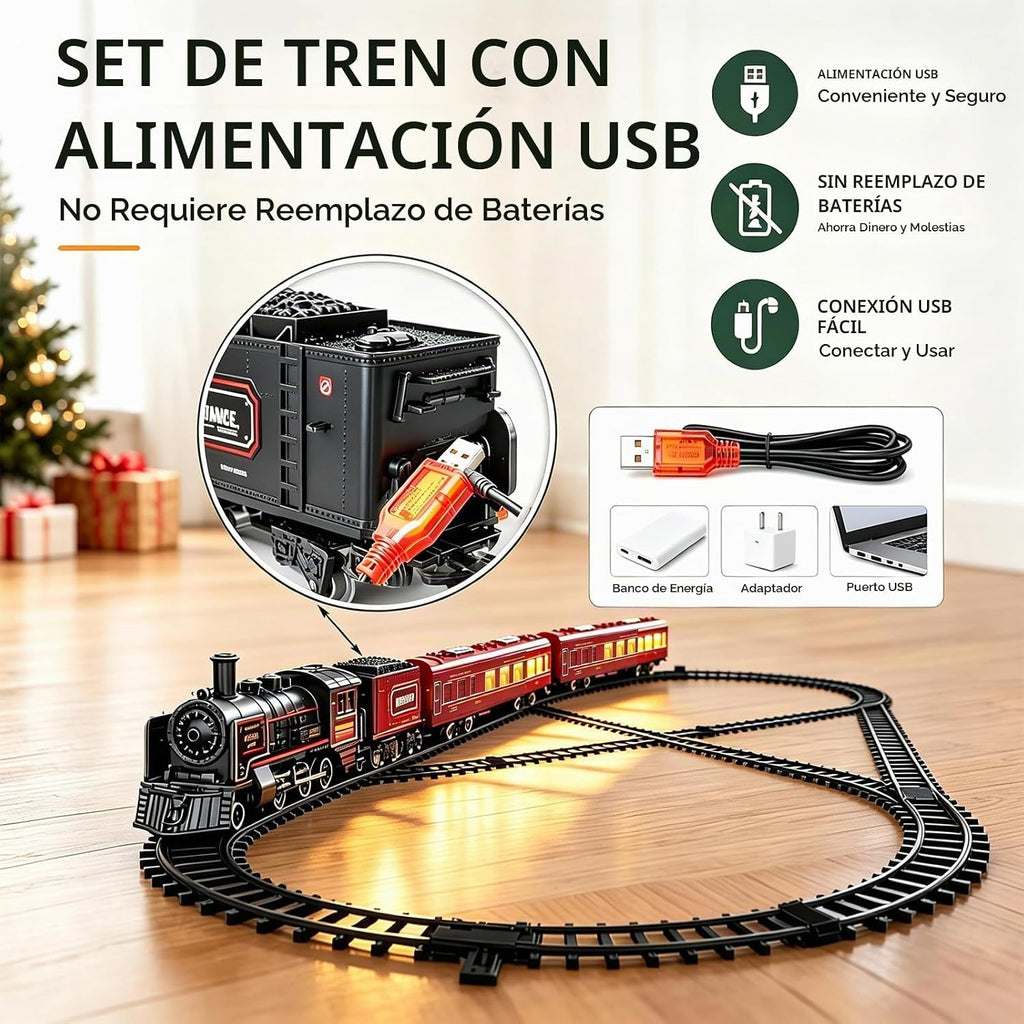 Juegos de tren eléctrico para niños, juguetes de tren de Navidad de aleación de metal, locomotora de vapor, vagones de pasajeros brillantes, pistas de lujo, luz y sonidos, regalos de cumpleaños recargables para niños y niñas, color rojo