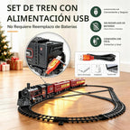 Juegos de tren eléctrico para niños, juguetes de tren de Navidad de aleación de metal, locomotora de vapor, vagones de pasajeros brillantes, pistas de lujo, luz y sonidos, regalos de cumpleaños recargables para niños y niñas, color rojo