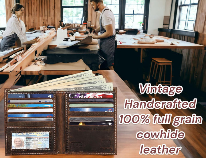 F&amp;L CLASSIC Cartera de Cuero Bi-Fold Grande Estilo Hipster con...