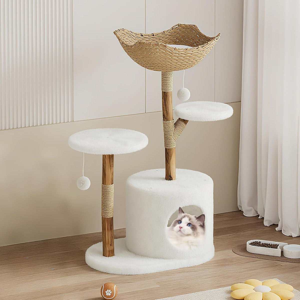 Garvee Torre de árbol de madera para gatos, interior y apartamento de mimbre natural con columna de captura de gatos y cama, marco de árbol estético