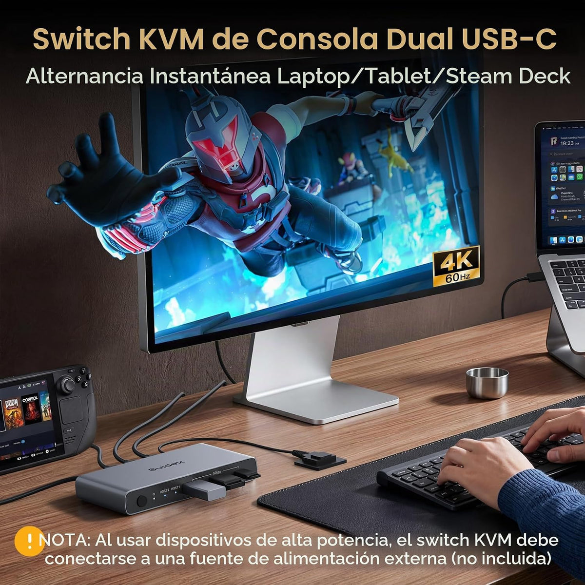 Conmutador KVM USB C 1 Monitor 2 Computadoras - 3 Puertos USB 3.0 4K