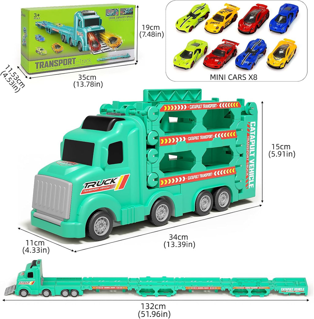 Camión transportador de automóvil de juguete para niños de 3, 4, 5 años, pista de carreras de eyección de 50 pulgadas con 8 autos, sonido y luz, el mejor juego de juguetes de regalo de cumpleaños para niños y niñas