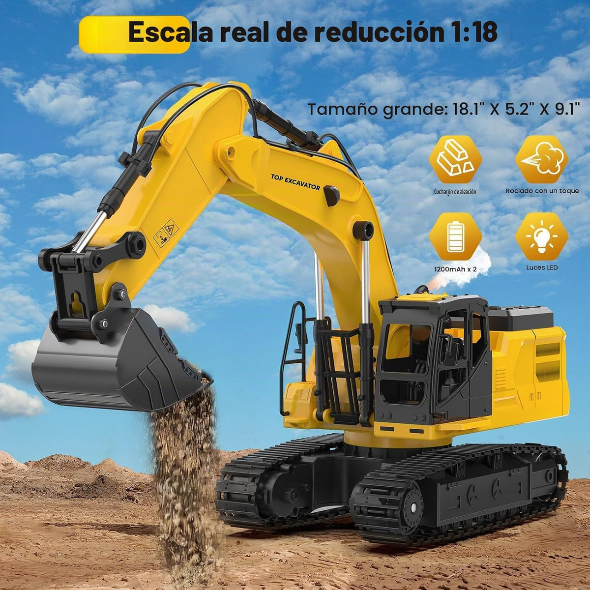 18.1" RC Excavator Toy para Boys, 1:18 Remote Control Construction Vehicle