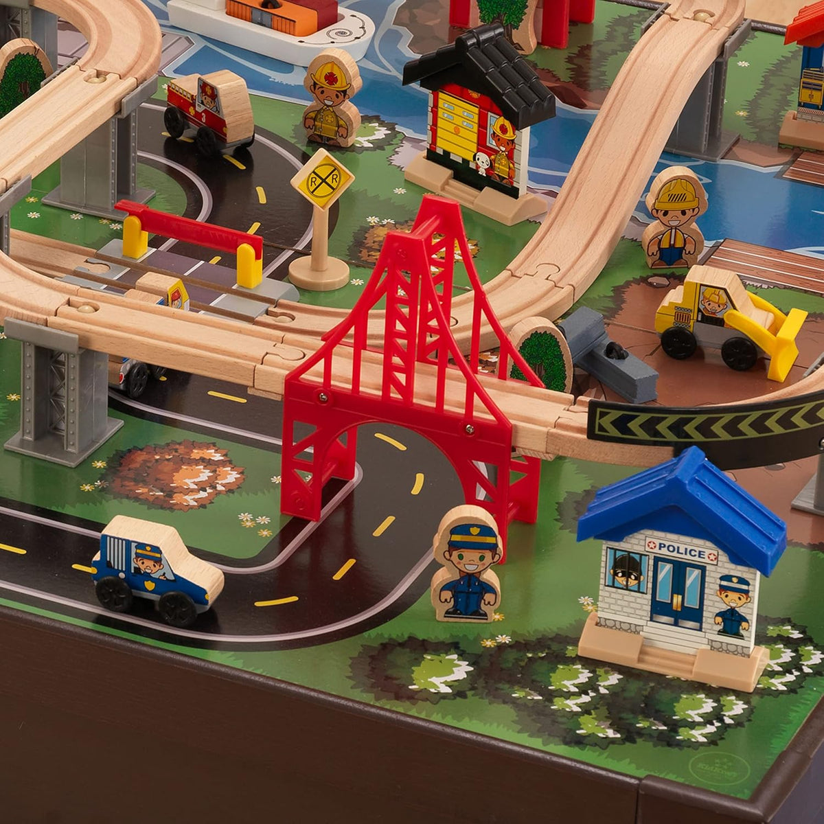 KidKraft Metropolis - Juego de tren de madera y mesa con 100 piezas y cajón de almacenamiento, color espresso