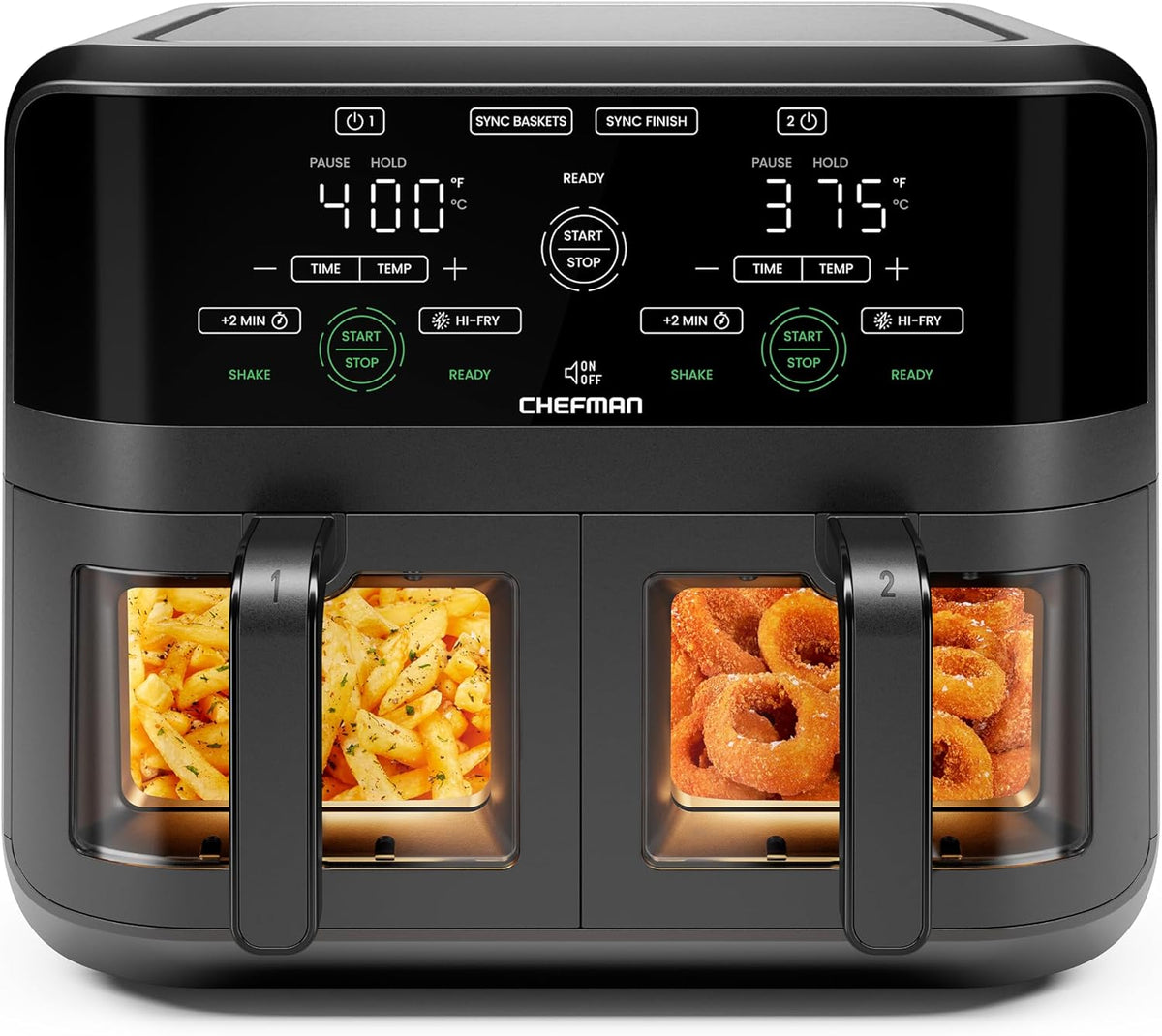 CHEFMAN Horno freidora de aire de doble cesta de 6 cuartos con ventanas de fácil visión, acabado de sincronización, Hi-Fry, apagado automático, 2 cestas independientes antiadherentes de 3 cuartos de