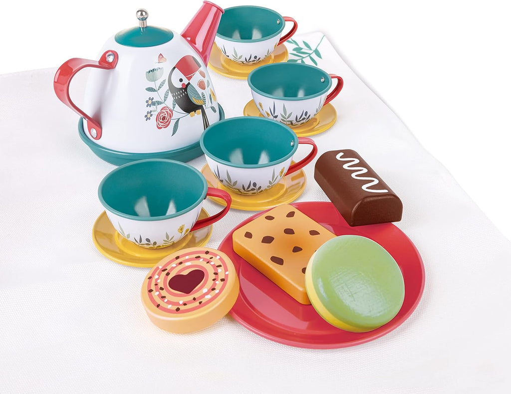Hape Juego de té para niñas y niños pequeños, juego de fiesta de té de lata de 18 piezas con funda de transporte de tucán, tetera de juguete, galletas de comida y paño de picnic